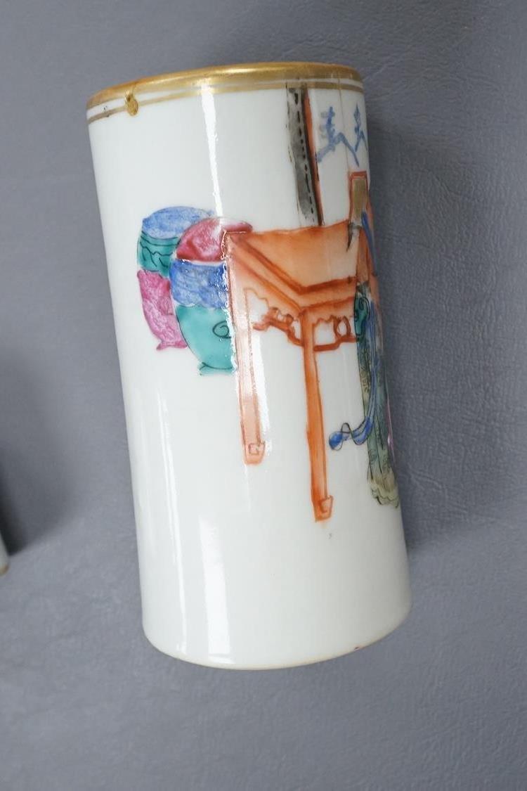 A 19th century Chinese famille rose brushpot, 22cm high, and a small pot (without cover)